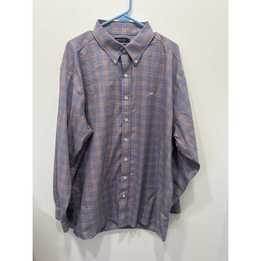 Southern Marsh Performance Mens 2X Blue Orange Plaid Button Down Shirt Preppy